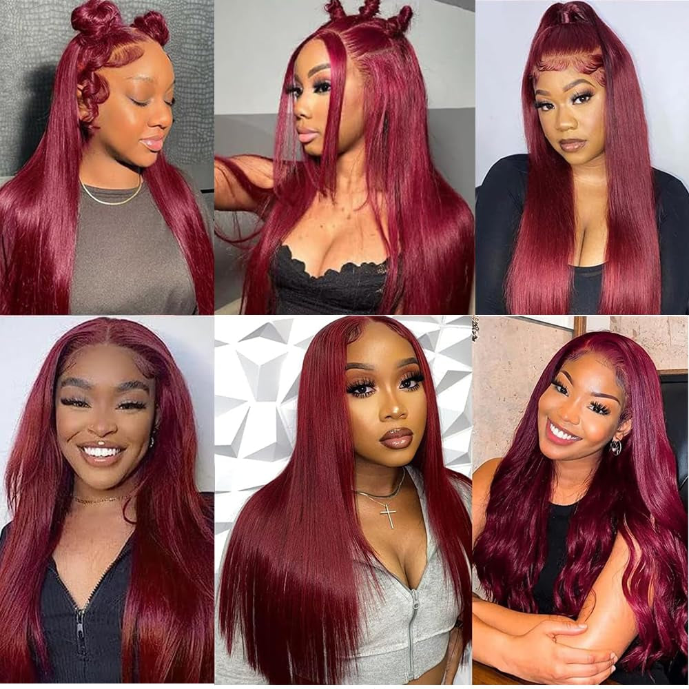 99J Burgundy Lace Front Wigs Human Hair 13X6.5 HD Burgundy Colored Lace Front Wigs Human Hair 200% Density Glueless Straight Wigs Human Hair Pre Plucked with Baby Hair (99J Burgundy Wigs, 32 Inch)