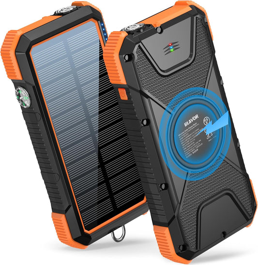 Solar Power Bank, PD18W QC3.0 Fast Charging 10W Wireless Charger 20000Mah Solar Powered Powerbank with Type C Input/Output, IPX5 Waterproof, Camping Flashlight, Compass, Carabiner