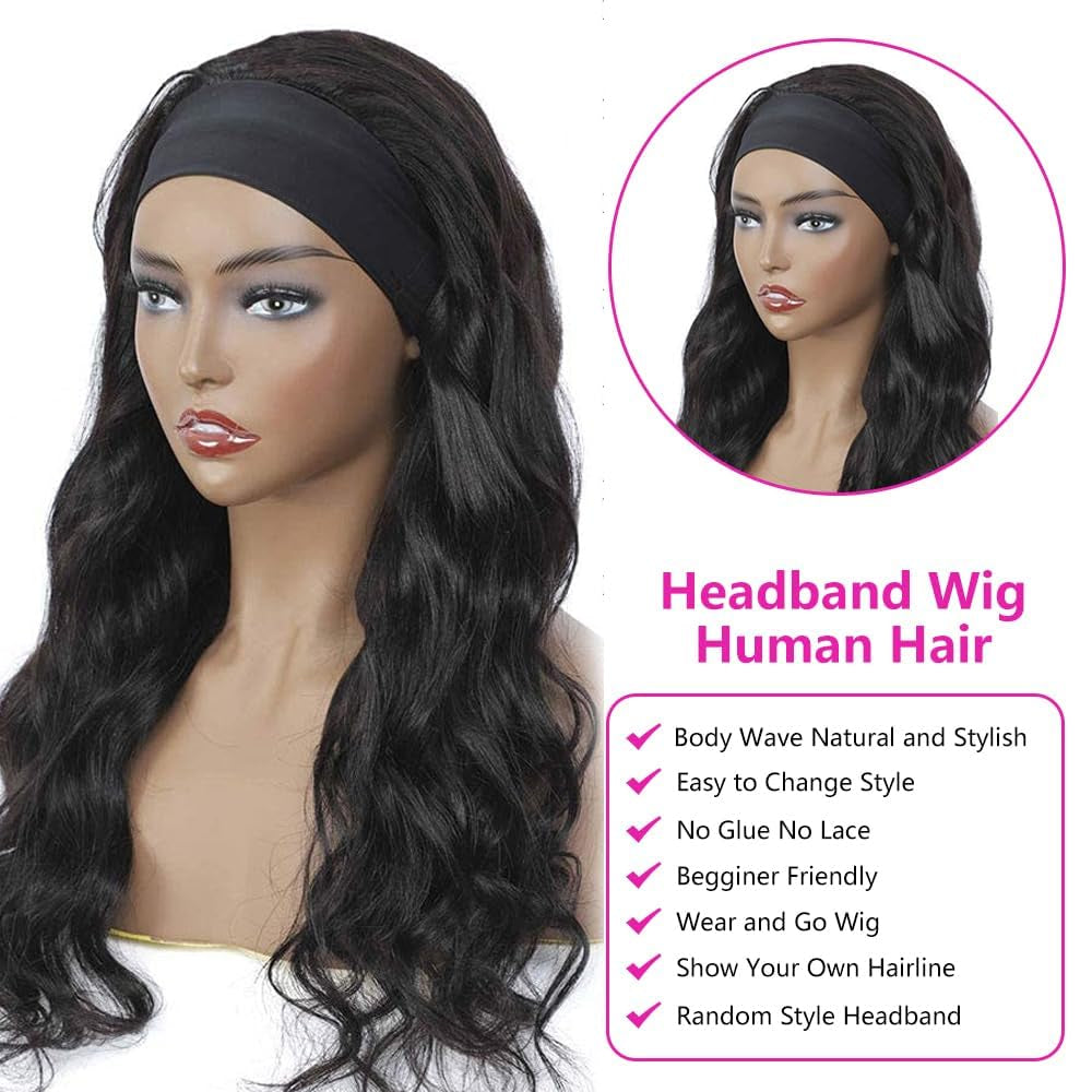 Body Wave Headband Wig Human Hair for Black Women 22 Inch None Lace Front Wig Human Hair Wear and Go Glueless Wigs Machine Made Brazilian Virgin Body Wave Human Hair Wigs Natural Color