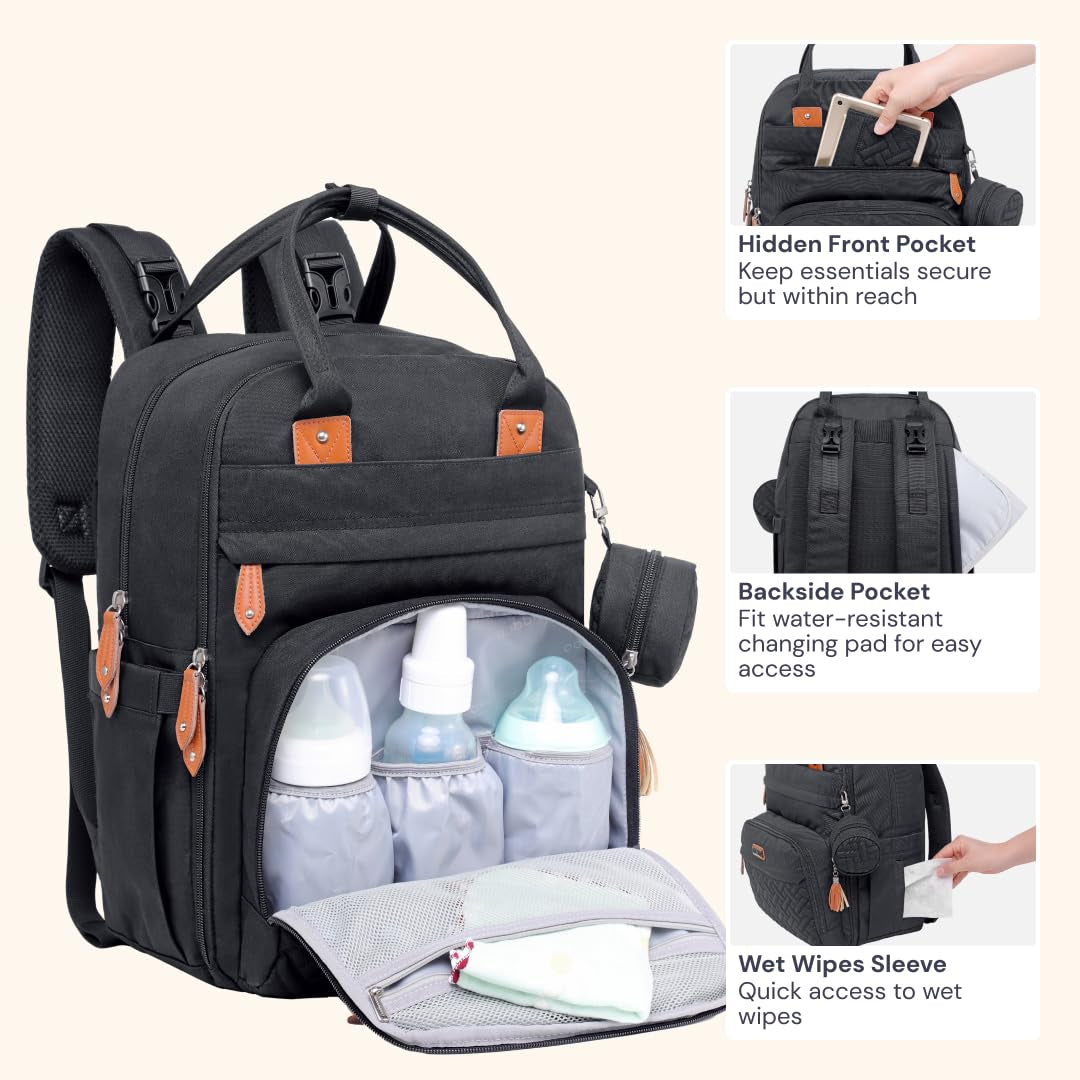 Diaper Bag Backpack - Baby Essentials Travel Tote - Multi Function Waterproof Diaper Bag, Travel Essentials Baby Bag with Changing Pad, Stroller Straps & Pacifier Case - Unisex, Black